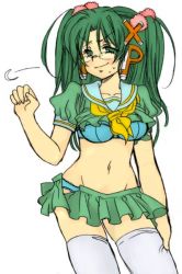 Rule 34 | 1girl, blue bra, blue panties, blush, bra, character name, clenched hand, clothes lift, cowboy shot, eyelashes, flat color, glasses, green eyes, green hair, groin, hair ornament, hand on own thigh, homeko, lace, lace-trimmed bra, lace-trimmed panties, lace trim, light smile, long hair, looking at viewer, lowleg, lowleg skirt, matching hair/eyes, microskirt, navel, neckerchief, open clothes, open skirt, os-tan, panties, parted bangs, puffy sleeves, rimless eyewear, school uniform, serafuku, shirt, shirt lift, short sleeves, simple background, skirt, smile, solo, standing, sweatdrop, thighhighs, two side up, underwear, white background, white thighhighs, wide hips, xp home-tan, xphome, zettai ryouiki