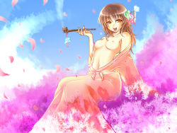 Rule 34 | 1girl, aquasnow, bad id, bad pixiv id, breasts, cherry blossoms, hair ornament, holding, holding smoking pipe, japanese clothes, kimono, kiseru, medium breasts, nipples, off shoulder, open clothes, open mouth, open robe, original, petals, robe, sitting, small nipples, smile, smoking pipe, solo, topless, yuujo