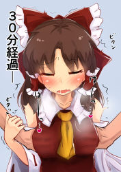 Rule 34 | 1girl, arm grab, ascot, bare shoulders, blue background, blush, bow, grabbing another&#039;s breast, brown hair, closed eyes, collarbone, commentary, detached sleeves, frilled bow, frilled shirt collar, frills, grabbing, hair bow, hair tubes, hakurei reimu, heavy breathing, long hair, long sleeves, nose blush, red bow, sidelocks, simple background, solo focus, sweat, tada no nasu, touhou, translation request, upper body, wide sleeves, yellow ascot