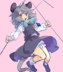 Rule 34 | 1girl, animal ears, bloomers, dowsing rod, grey hair, long sleeves, looking at viewer, mouse ears, mouse tail, nazrin, open mouth, red eyes, shirt, skirt, skirt set, solo, tail, tomobe kinuko, touhou, underwear, vest