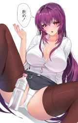 Rule 34 | 1girl, :o, arm support, blush, bottle, breasts, damda, dutch angle, fate/grand order, fate (series), large breasts, long hair, nail polish, no bra, office lady, panties, pencil skirt, purple hair, red eyes, scathach (fate), scathach (fate), sitting, skirt, solo, spread legs, thighhighs, translation request, underwear, white background, white panties