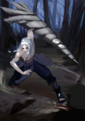 Rule 34 | 05 yao qi, 1boy, absurdres, black pants, bone, forest, full body, highres, kaguya kimimaro, long hair, male focus, naruto, naruto (series), nature, outdoors, pants, rope, solo, toeless footwear, topless male, torn clothes, torn pants, weapon
