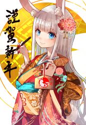 Rule 34 | 1girl, animal ear fluff, animal ears, blue eyes, calligraphy brush, chinese zodiac, closed mouth, commentary request, ema, floral print, flower, frilled sleeves, frills, grey hair, hair flower, hair ornament, highres, holding, holding paintbrush, japanese clothes, kimono, long hair, long sleeves, nengajou, new year, nyucha, obi, original, paintbrush, pink flower, print kimono, rabbit ears, red kimono, sash, smile, solo, upper body, very long hair, wide sleeves, year of the rabbit