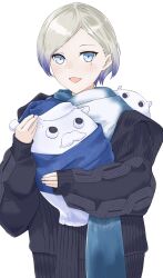 Rule 34 | 1girl, black jacket, blonde hair, blue eyes, gradient hair, jacket, jean bart (kancolle), kantai collection, long sleeves, makinoki, mole, mole under eye, multicolored hair, official alternate costume, open mouth, scarf, short hair, simple background, smile, solo, upper body, white background