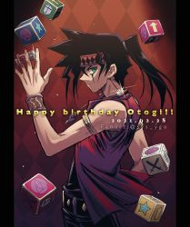 Rule 34 | 1boy, artist name, black hair, bracer, character name, closed mouth, commentary request, dated, dice, earrings, from side, green eyes, hair tie, happy birthday, headband, highres, holding, jewelry, long hair, looking at viewer, male focus, otogi ryuuji, ponytail, solo, soya (sys ygo), yu-gi-oh!
