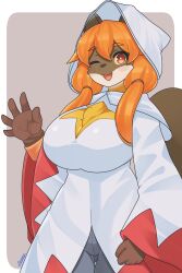 Rule 34 | 1girl, animal ears, blush, breasts, brown gloves, colored sclera, commission, furry, furry female, gloves, highres, large breasts, long hair, long sleeves, looking at viewer, low twintails, one eye closed, open mouth, orange eyes, orange hair, original, ryuusui arumo, skeb commission, smile, solo, squirrel ears, squirrel girl, squirrel tail, tail, twintails, yellow sclera