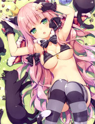 Rule 34 | 1girl, absurdres, animal ears, armpits, arms up, bikini, black bikini, black gloves, blunt bangs, blush, bow, bowtie, breasts, capelet, cat, chikotam, cleavage, covered erect nipples, crown, dengeki moeou, fang, fingerless gloves, from above, gloves, green eyes, highres, indoors, large breasts, legs up, long hair, looking at viewer, lying, mini crown, navel, on back, open mouth, pink hair, scan, shiny skin, sidelocks, skindentation, solo, striped clothes, striped thighhighs, swimsuit, thighhighs, underboob, very long hair