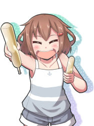 Rule 34 | 10s, 1girl, :d, ^ ^, alternate costume, brown hair, casual, collarbone, commentary request, closed eyes, hair ornament, hairclip, holding, ikazuchi (kancolle), kantai collection, looking at viewer, open mouth, short hair, short shorts, shorts, simple background, smile, solo, tupet, white background, yukimi unagi