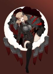 Rule 34 | 1girl, artist request, azur lane, black footwear, black jacket, blood, breasts, collared shirt, corset, crazy eyes, crazy smile, cross, dream catcher, epaulettes, grey shirt, headgear, highres, iron cross, jacket, light brown hair, looking at viewer, red eyes, roon (azur lane), shirt, simple background, smile, solo, source request, spread legs, thighhighs