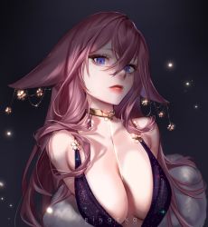 Rule 34 | 1girl, armpit crease, arms behind back, bare shoulders, breasts, choker, cleavage, dress, genshin impact, hair ornament, highres, large breasts, lips, long hair, looking at viewer, looking down, makeup, pink hair, purple eyes, red lips, revealing clothes, ringeko-chan, straight hair, yae miko