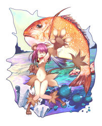 Rule 34 | 1girl, animal, animal ears, claws, collar, closed eyes, fish, full body, furry, furry female, hanpen, jewelry, navel, neck ring, original, outstretched arm, purple hair, scales, seashell, shell, solo, thigh gap, water, whiskers