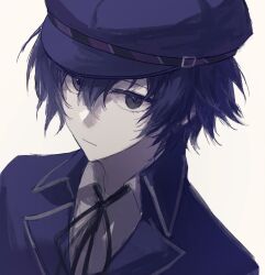 Rule 34 | 1girl, black bow, blue hair, blue shirt, bow, cabbie hat, detective, grey eyes, hat, highres, persona, persona 4, reverse trap, shirogane naoto, shirt, short hair, simple background, solo, stille 03, tomboy, uniform, upper body, white background