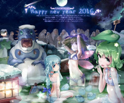 Rule 34 | 3girls, animal, animal request, bikini, braid, braided ponytail, character request, dated, english text, eryi, eryi&#039;s action, fairy, fairy wings, farta, graphite (medium), green eyes, green hair, happy new year, highres, leaf, long hair, monkey, moon, multiple girls, nengajou, new year, onsen, open mouth, original, short hair, sign, sky, smile, snow, star (sky), star (symbol), starry sky, swimsuit, traditional media, translation request, wings, yanagi yagiaji