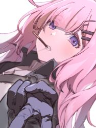 Rule 34 | 1girl, ambriel (arknights), arknights, blue gloves, clenched teeth, commentary request, food, food in mouth, from side, gloves, hachi32gyi, hair ornament, hairclip, highres, jacket, korean commentary, long hair, long sleeves, looking at viewer, open clothes, pink hair, pocky, pocky in mouth, pointing, pointing at viewer, popped collar, portrait, purple eyes, simple background, solo, strap, teeth, v, white background