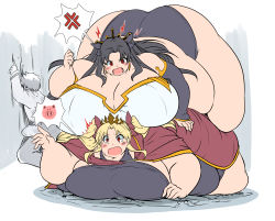 Rule 34 | 1boy, 2girls, absurdres, angry, black hair, blonde hair, breasts, earrings, ereshkigal (fate), fat, fate/grand order, fate (series), fujimaru ritsuka (male), gigantic breasts, hair ribbon, highres, huge breasts, ishtar (fate), ishtar (fate), jewelry, kurokaze no sora, long hair, lying, lying on person, multiple girls, obese, on stomach, red eyes, ribbon, two side up