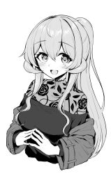 Rule 34 | 1girl, blush, gotland (kancolle), greyscale, hair between eyes, highres, kantai collection, long hair, long sleeves, looking at viewer, mole, mole under eye, monochrome, official alternate costume, open mouth, sakikumo (sakumo), simple background, smile, solo, upper body, white background