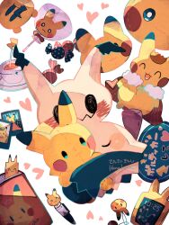 Rule 34 | book, bookmark, candy, cape, clock, closed eyes, colored skin, commentary request, creatures (company), crown, cup, digital clock, food, fur-trimmed cape, fur trim, game freak, gen 1 pokemon, gen 7 pokemon, hanabusaoekaki, heart, highres, mimikyu, nintendo, no humans, open mouth, pen, photo (object), pikachu, plate, pokemon, pokemon (creature), simple background, smile, stuffed toy, tail, tea, teacup, translation request, wavy mouth, white background, yellow skin