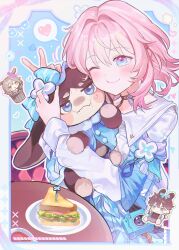 Rule 34 | 0202ase, 1boy, 1other, 2girls, absurdres, annoyed, blue bow, blue eyes, blue jacket, blush, blush stickers, bow, brown choker, chibi, chibi inset, choker, closed mouth, dan heng (honkai: star rail), dressing another, floppy ears, food, hair bow, halter shirt, halterneck, heart, highres, honkai: star rail, honkai (series), hug, jacket, long hair, long sleeves, looking at viewer, march 7th (honkai: star rail), multiple girls, off-shoulder jacket, off shoulder, one eye closed, pink eyes, pink hair, plate, pom-pom (honkai: star rail), pout, puffy cheeks, sandwich, smile, spoken heart, stelle (honkai: star rail), sweatdrop, table, tied jacket, trailblazer (honkai: star rail), two-tone eyes, upper body, wavy mouth, wooden table