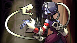 Rule 34 | 1girl, bare shoulders, blue skin, colored skin, duet, closed eyes, hair over one eye, highres, lab zero games, leviathan (skullgirls), mausoleum, microphone, music, nemi, official art, open mouth, side ponytail, singing, skull, skullgirls, smile, squigly (skullgirls), stitched mouth, stitches, tongue, zombie
