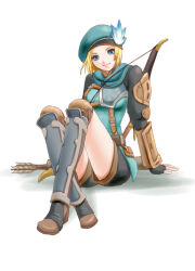 Rule 34 | 1girl, adventurer (ff11), aqua hat, arrow (projectile), beret, black gloves, black shorts, blonde hair, blue eyes, boots, bow (weapon), brown footwear, closed mouth, final fantasy, final fantasy xi, fingerless gloves, full body, gloves, hat, hat feather, hume, knee boots, looking at viewer, quiver, ranger (final fantasy), sakutsuki, short hair, shorts, simple background, sitting, smile, solo, weapon, white background