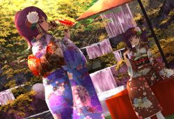 Rule 34 | 2girls, :d, absurdres, back bow, bird, bird on hand, blue kimono, bow, brown hair, bush, closed mouth, commentary request, dutch angle, floral print, flower, geta, grey eyes, hair flower, hair ornament, hand fan, highres, holding, holding fan, huge filesize, japanese clothes, kazuno leah, kazuno sarah, kimono, leaf, looking back, love live!, love live! sunshine!!, multiple girls, obi, oil-paper umbrella, open mouth, orein, outdoors, print kimono, red eyes, red kimono, rock, saint snow, sash, siblings, side ponytail, sisters, sitting, smile, standing, teeth, tree, twintails, umbrella, upper teeth only, water, waterfall, wide sleeves, yukata