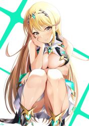 Rule 34 | 1girl, artist name, bare arms, bare shoulders, blonde hair, blush, breasts, cleavage, cleavage cutout, closed mouth, clothing cutout, commentary request, daive, dress, earrings, hand on own cheek, hand on own face, highres, jewelry, large breasts, lips, long hair, looking at viewer, mythra (xenoblade), panties, shiny skin, short dress, signature, simple background, sleeveless, sleeveless dress, smile, solo, squatting, thigh strap, thighs, tiara, underwear, white dress, white panties, xenoblade chronicles (series), xenoblade chronicles 2, yellow eyes