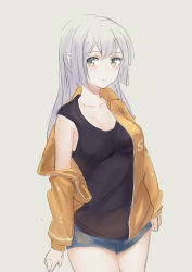 Rule 34 | 1girl, ano54, bare shoulders, black shirt, blue shorts, blush, brown eyes, brown jacket, closed mouth, collarbone, cowboy shot, grey background, hair between eyes, highres, jacket, long hair, long sleeves, looking at viewer, off shoulder, open clothes, open jacket, original, shirt, short shorts, shorts, silver hair, simple background, sleeveless, sleeveless shirt, sleeves past wrists, solo
