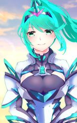 Rule 34 | 1girl, absurdres, breasts, cloud, cloudy sky, gem, green eyes, green hair, headpiece, highres, large breasts, long hair, looking at viewer, nintendo, outdoors, pneuma (xenoblade), ponytail, risumi (taka-fallcherryblossom), sky, smile, solo, spoilers, swept bangs, tiara, xenoblade chronicles (series), xenoblade chronicles 2