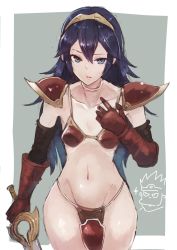 Rule 34 | 1boy, 1girl, absurdres, alternate costume, arm warmers, armor, bikini armor, blue eyes, blue hair, breasts, chibi, chibi inset, collarbone, cosplay, cowboy shot, dragon quest, dragon quest iii, falchion (fire emblem), fire emblem, fire emblem awakening, gloves, grey background, groin, hair between eyes, highres, long hair, looking at viewer, lucina (fire emblem), midriff, navel, nintendo, parted lips, red gloves, roto (dq3), shiburingaru, shoulder armor, simple background, sketch, small breasts, soldier (dq3), soldier (dq3) (cosplay), solo focus, sweatdrop, tiara
