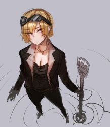 Rule 34 | 1girl, bad id, bad pixiv id, black legwear, black shirt, black suit, blonde hair, breasts, cleavage, closed mouth, formal, goggles, goggles on head, grey background, hair between eyes, highres, holding, holding microphone stand, jewelry, microphone, microphone stand, necklace, original, perspective, purple eyes, ratatatat74, shirt, short hair, simple background, sketch, solo, standing, suit