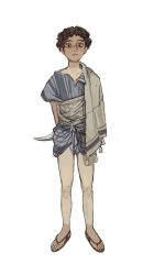 Rule 34 | 1boy, black eyes, brown hair, cape, closed mouth, dagger, highres, holding, holding dagger, holding knife, holding weapon, knife, looking at viewer, male focus, mossacannibalis, original, sandals, sash, simple background, solo, standing, tan, tanline, toenails, weapon, white background