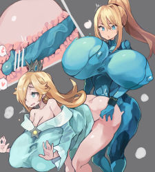 Rule 34 | 2girls, :o, absurdres, ass, bar censor, blonde hair, blue eyes, blush, bodysuit, breasts, censored, clothed sex, clothes, crown, doggystyle, futa with female, futanari, hair over one eye, highres, huge breasts, kemomoz1, large penis, long hair, mario (series), metroid, multiple girls, nintendo, open mouth, penis, princess, rosalina, samus aran, sex, sex from behind, super mario galaxy, super smash bros., vaginal, veins, veiny penis, x-ray