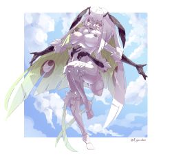 Rule 34 | 1girl, absurdres, antennae, arthropod girl, breasts, colored skin, full body, green eyes, hands on stomach, highres, indie virtual youtuber, insect girl, insect wings, juniper (artist), juniper actias, large breasts, long hair, midriff, moth girl, multi arm, nipples, nude, outstretched arms, pale skin, thighs, transparent wings, virtual youtuber, white hair, white skin, wings