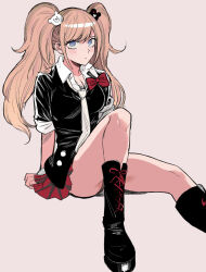 Rule 34 | 1girl, ass, bear hair ornament, black shirt, blonde hair, blue eyes, blush, bow, breasts, cleavage, closed mouth, collarbone, danganronpa: trigger happy havoc, danganronpa (series), enoshima junko, foot out of frame, grey background, grey necktie, hair ornament, highres, knee up, large breasts, long hair, looking at viewer, nail polish, necktie, pleated skirt, red bow, shirt, simple background, sitting, skirt, solo, tobe jiro, twintails