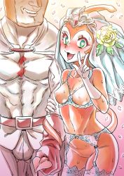 Rule 34 | 1boy, 1girl, anpanman, blush, breasts, bulge, colored skin, demon tail, dokin-chan, erection, erection under clothes, furry, gloves, green eyes, heart, heart-shaped pupils, looking at viewer, mimonel, open mouth, simple background, smile, symbol-shaped pupils, tail, teeth, v