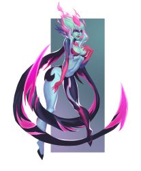 Rule 34 | 1girl, black skin, breasts, cleavage, closed mouth, colored skin, evelynn (league of legends), green background, green skin, grey hair, highres, joy jang, league of legends, leaning forward, long hair, looking at viewer, medium breasts, navel, pink hair, pink skin, red lips, shiny skin, smile, solo, white background, yellow eyes