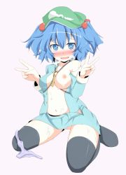 Rule 34 | 1girl, bare shoulders, between breasts, black thighhighs, blue eyes, blue hair, blush, bottomless, breasts, breath, collarbone, cum, cum on body, cum on breasts, cum on lower body, cum on upper body, double v, embarrassed, hair between eyes, hair bobbles, hair ornament, hat, hatsuse rui, heart, heart-shaped pupils, heavy breathing, kawashiro nitori, key, large breasts, long sleeves, looking at viewer, matching hair/eyes, miniskirt, navel, nipples, no bra, nose blush, off shoulder, open clothes, open mouth, open shirt, panties, panties around leg, purple panties, shirt, short hair, short twintails, simple background, sitting, skirt, skirt set, smile, solo, symbol-shaped pupils, tearing up, tears, thighhighs, third-party edit, touhou, twintails, uncensored, underwear, unzipped, v