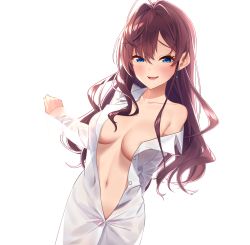 Rule 34 | 1girl, absurdres, ahoge, areola slip, baffu, blue eyes, blush, breasts, brown hair, center opening, coat, collarbone, commentary request, earrings, highres, hip focus, ichinose shiki, idolmaster, idolmaster cinderella girls, jewelry, lab coat, lab coat, long hair, looking at viewer, medium breasts, naked coat, naked labcoat, navel, off shoulder, open mouth, simple background, smile, solo, sweat, wavy hair, white background