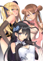 Rule 34 | 3girls, absurdres, bare shoulders, black hair, blonde hair, blue eyes, blush, bow, breasts, brown hair, china dress, chinese clothes, chun-mei (tony taka), cleavage, cleavage cutout, closed mouth, clothing cutout, double bun, dress, elbow gloves, floral print, frills, gloves, hair bow, hair bun, hair ornament, hand on own chest, highres, jin-lian (tony taka), lips, long hair, looking at viewer, multiple girls, open mouth, original, parted lips, ping-yi (tony taka), purple eyes, scan, shiny skin, sleeveless, smile, tony taka