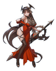 Rule 34 | 1girl, breasts, brown hair, brown thighhighs, cleavage, closed mouth, covered navel, dress, head wings, holding, holding sword, holding weapon, large breasts, long hair, looking at viewer, nasaca, original, red dress, red eyes, sideboob, simple background, solo, standing, sword, thighhighs, very long hair, weapon, white background, wings