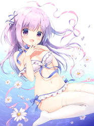 Rule 34 | 1girl, :d, air bubble, bikini, blue bow, blush, bow, breasts, bubble, cleavage, commentary request, fingernails, flower, frilled bikini, frills, hair between eyes, hair bow, hands up, head tilt, highres, interlocked fingers, long hair, looking at viewer, medium breasts, miyasaka naco, no shoes, open mouth, original, purple hair, red eyes, red ribbon, ribbon, sitting, smile, solo, strapless, strapless bikini, striped, striped bow, swimsuit, thighhighs, two side up, very long hair, wariza, water, white background, white bikini, white bow, white flower, white thighhighs