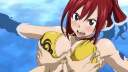 Rule 34 | 1boy, 1girl, animated, animated gif, bikini, blush, grabbing another&#039;s breast, breasts, cleavage, erza scarlet, fairy tail, grabbing, jellal fernandes, large breasts, long hair, open mouth, red hair, swimsuit, tattoo, water