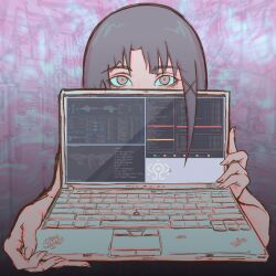 Rule 34 | 1girl, abstract background, absurdres, asymmetrical hair, brown eyes, brown hair, commentary, computer, english commentary, english text, fingernails, hair ornament, hairclip, highres, holding, holding laptop, iwakura lain, laptop, music, serial experiments lain, short hair, single sidelock, solo, stef ruvx, x hair ornament