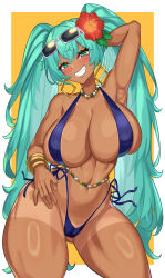 Rule 34 | 1girl, absurdres, alternate breast size, aqua eyes, aqua hair, bead choker, belly chain, bikini, blue bikini, borrowed design, bracelet, brazilian miku, breasts, cameltoe, dark-skinned female, dark skin, earrings, eyewear on head, flower, gold earrings, hair flower, hair ornament, hatsune miku, highres, huge breasts, jewelry, large breasts, long hair, multiple bracelets, navel, nez-box, rectangular earrings, shaka sign, shorts tan, side-tie bikini bottom, solo, sunglasses, swimsuit, tan, tanline, twintails, vocaloid, yellow background