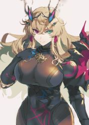 Rule 34 | 1girl, absurdres, armor, bare shoulders, black dress, black gloves, blonde hair, breasts, dress, earrings, elbow gloves, barghest (fate), barghest (second ascension) (fate), fate/grand order, fate (series), gauntlets, gloves, green eyes, heterochromia, highres, horns, jewelry, large breasts, long hair, looking at viewer, miton (vvse5752), necklace, pantyhose, pauldrons, pelvic curtain, red eyes, shoulder armor, single gauntlet, single pauldron, smile, solo