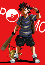 Rule 34 | 1boy, ash ketchum, backpack, backwards hat, bag, baseball bat, cosplay, creature, creatures (company), doseisan, frown, game freak, gen 1 pokemon, hat, highres, holding, holding baseball bat, khunpol, looking at viewer, male focus, mother (game), mother 2, ness (mother 2), ness (mother 2) (cosplay), nintendo, pikachu, pikachu (cosplay), pikachu ears, pikachu tail, poke ball, pokemon, pokemon (anime), pokemon ears, pokemon tail, red background, red eyes, red footwear, red headwear, shadow, shirt, shorts, standing, striped clothes, striped shirt, tail