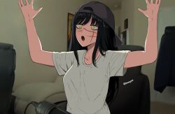 Rule 34 | 1girl, absurdres, arms up, backwards hat, bad id, bad twitter id, black hair, breasts, chainsaw man, cosplay, cr1tikal, cr1tikal (cosplay), cross scar, facial scar, hat, highres, large breasts, long hair, looking to the side, masoq, meme, open mouth, photo-referenced, real life, ringed eyes, scar, scar on cheek, scar on face, shirt, solo, twitter username, white shirt, woo yeah baby! that&#039;s what i&#039;ve been waiting for (meme), yellow eyes, yoru (chainsaw man)