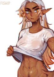 Rule 34 | 1girl, abs, artist name, bottomless, breasts, dark-skinned female, dark elf, dark skin, elf, female pubic hair, highres, hot, long hair, matilda fiship, medium breasts, navel, navel hair, olivia (matilda fiship), orange eyes, original, out-of-frame censoring, pointy ears, pubic hair, shirt, silver hair, solo, sweat, thick eyebrows, toned, watermark, wet, wet clothes, wet shirt