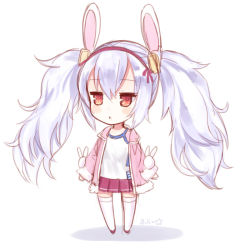 Rule 34 | 1girl, animal ears, azur lane, chibi, commentary request, fake animal ears, hairband, jacket, kiira, laffey (azur lane), long hair, looking at viewer, pleated skirt, red eyes, simple background, sketch, skirt, solo, thighhighs, twintails, white hair, zettai ryouiki