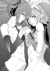 Rule 34 | 2girls, arm tattoo, arm warmers, asunogear, bare shoulders, blush, bow, detached sleeves, eyes visible through hair, greyscale, hair bow, hair ornament, hair ribbon, hairclip, hatsune miku, headphones, headset, highres, holding hands, interlocked fingers, kagamine rin, long hair, looking at another, looking at viewer, monochrome, multiple girls, necktie, parted lips, ribbon, sailor collar, shirt, short hair, sleeveless, sleeveless shirt, tattoo, twintails, upper body, vocaloid, yuri